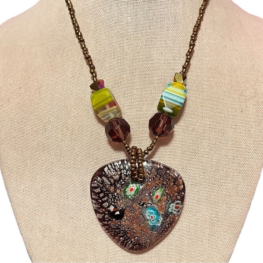 Vintage Handmade Brown Murano Glass Pendant Necklace with Multicolor Beads